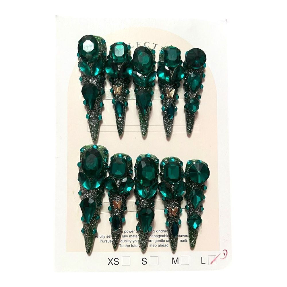 Handmade Emerald Green Gemstone Stiletto Extra Long Press-On Nails Size L